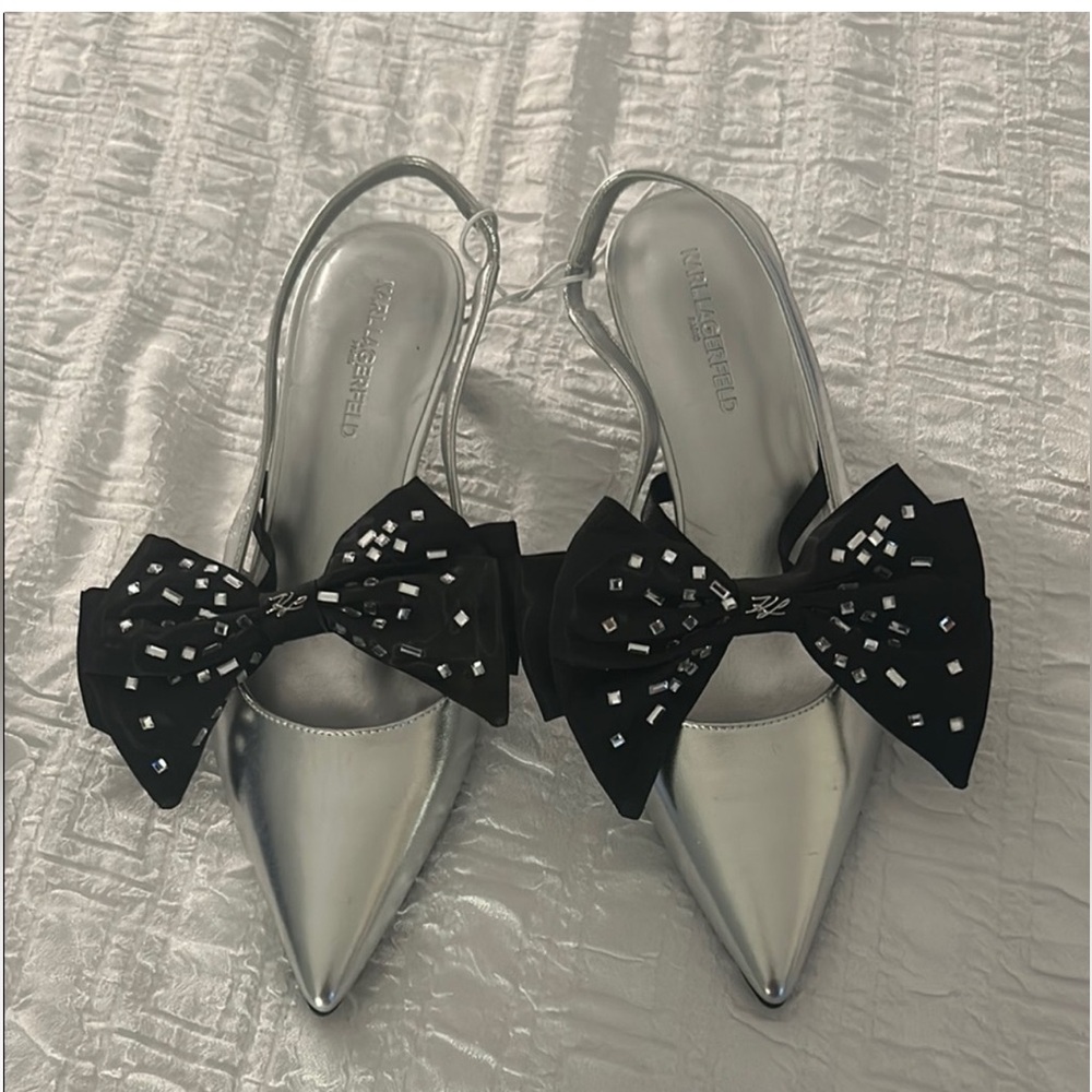 Karl Lagerfeld SkyLynn Silver Removable Crystal Bow Slingback Pumps Women’s 9.5